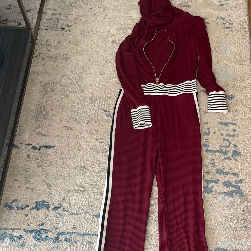 Women’s Ribbed Burgundy Jumpsuit with Striped Trim